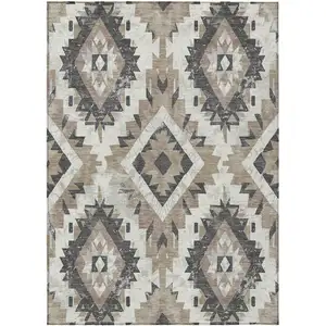 Photo of Taupe And Gray Aztec Washable Indoor Outdoor Area Rug