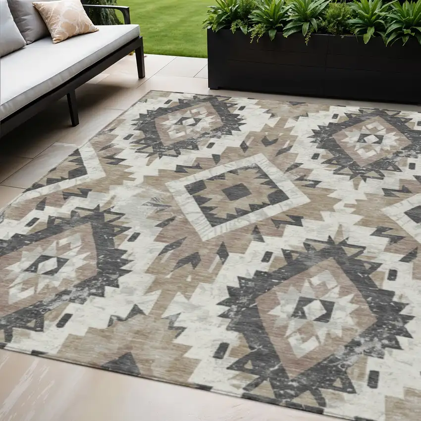 Taupe And Gray Aztec Washable Indoor Outdoor Area Rug Photo 2