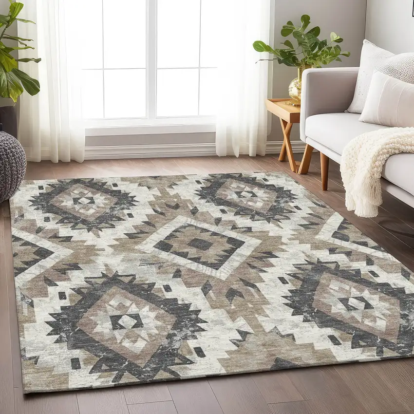 Taupe And Gray Aztec Washable Indoor Outdoor Area Rug Photo 6