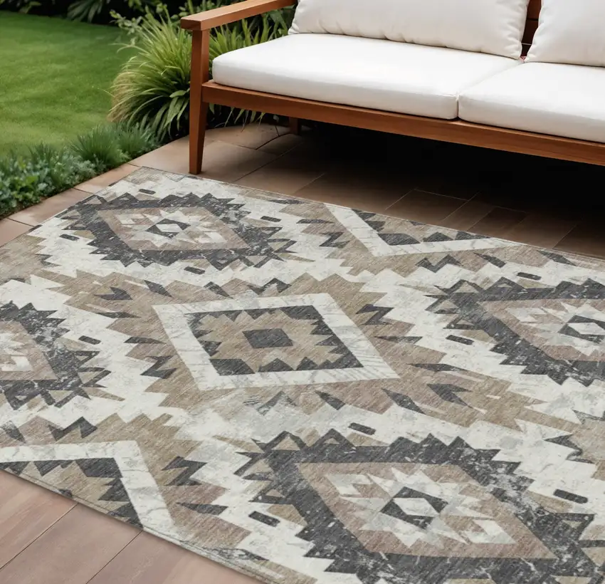 Taupe And Gray Aztec Washable Indoor Outdoor Area Rug Photo 2