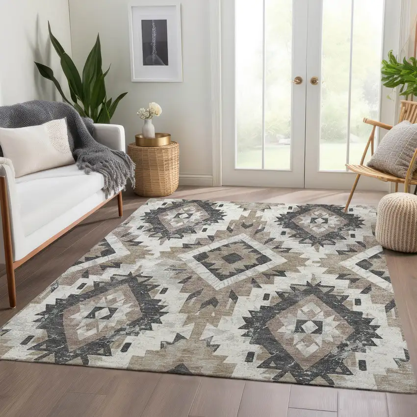 Taupe And Gray Aztec Washable Indoor Outdoor Area Rug Photo 7