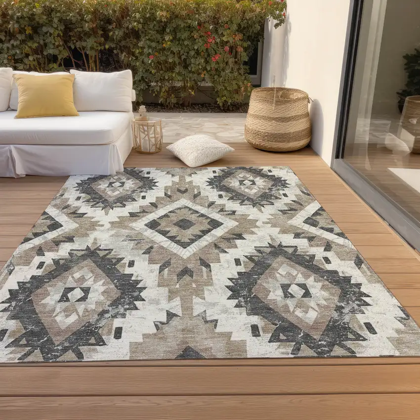 Taupe And Gray Aztec Washable Indoor Outdoor Area Rug Photo 8