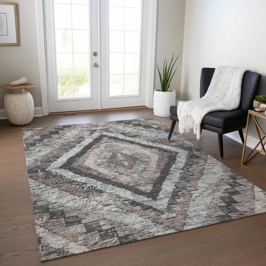 Taupe And Gray Aztec Washable Indoor Outdoor Area Rug Photo 6