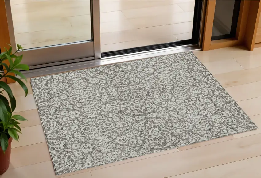 Taupe And Gray Damask Washable Indoor Outdoor Area Rug Photo 1