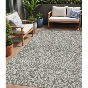 Photo of Taupe And Gray Damask Washable Indoor Outdoor Area Rug
