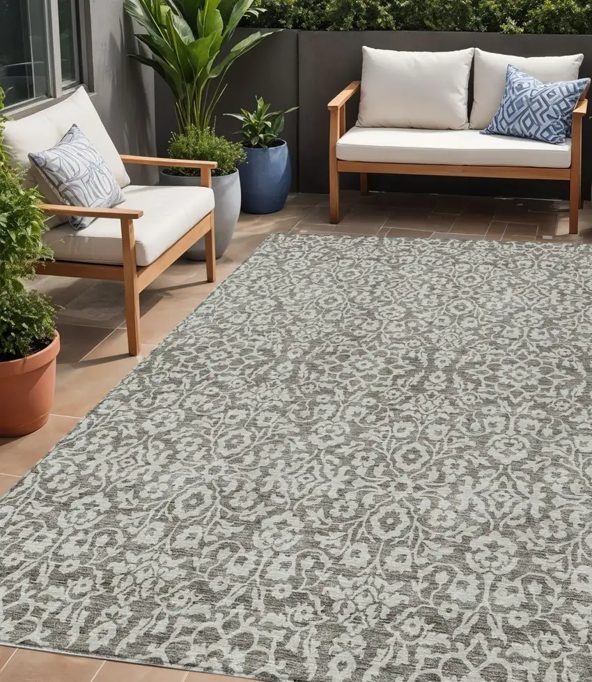 Taupe And Gray Damask Washable Indoor Outdoor Area Rug Photo 1