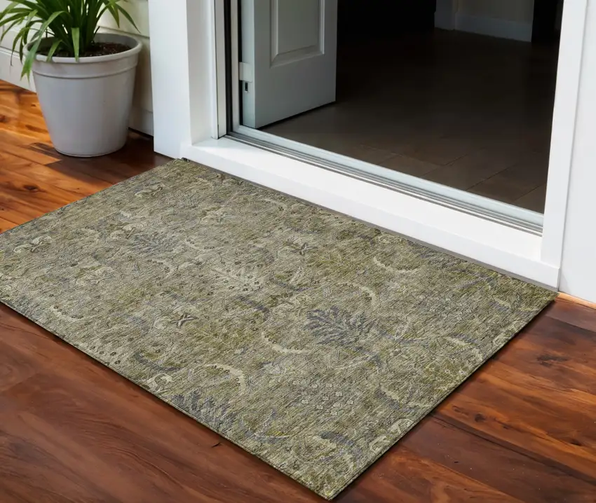 Taupe And Gray Damask Washable Indoor Outdoor Area Rug Photo 1