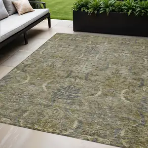Photo of Taupe And Gray Damask Washable Indoor Outdoor Area Rug