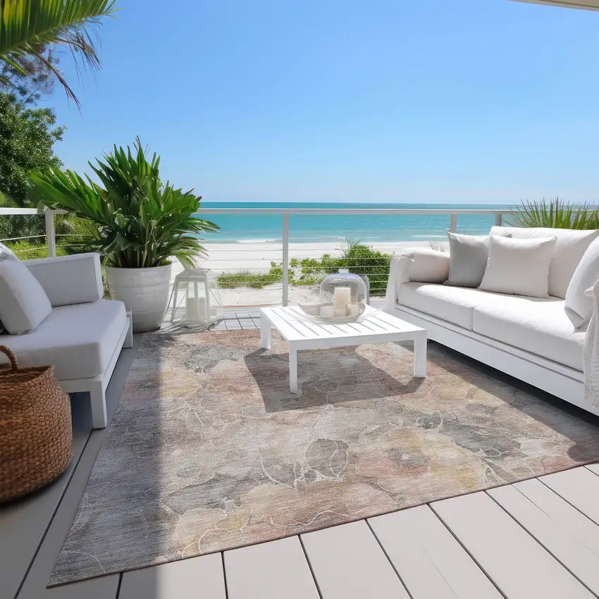 Taupe And Gray Floral Washable Indoor Outdoor Area Rug Photo 8