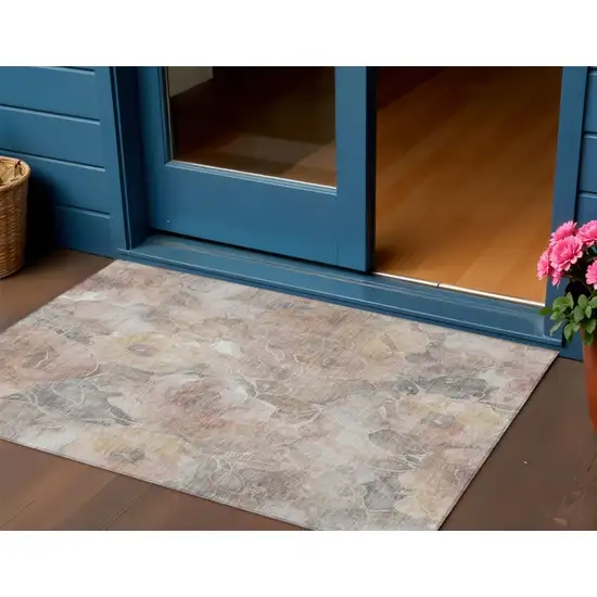 Taupe And Gray Floral Washable Indoor Outdoor Area Rug Photo 2