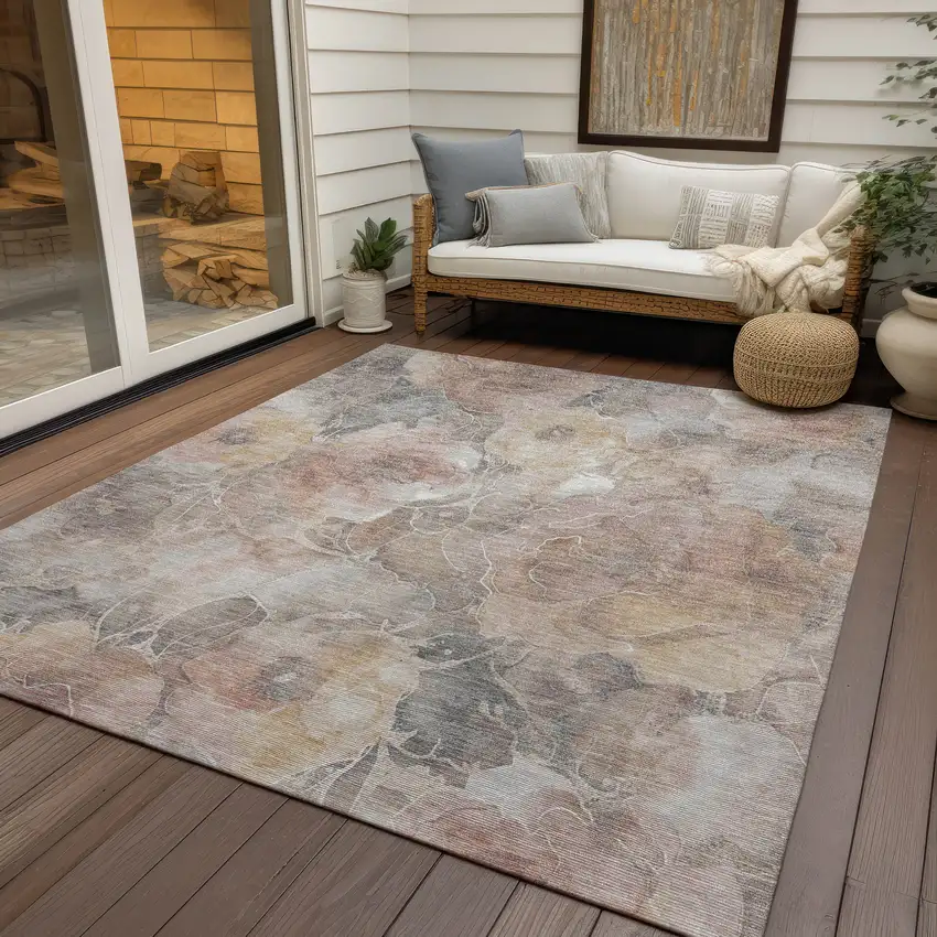 Taupe And Gray Floral Washable Indoor Outdoor Area Rug Photo 4