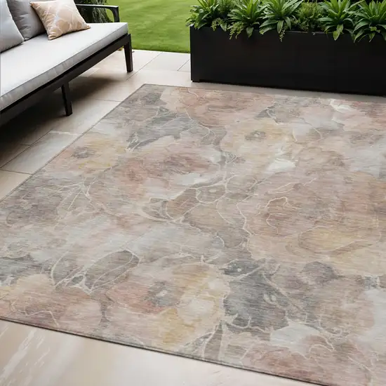 Taupe And Gray Floral Washable Indoor Outdoor Area Rug Photo 2