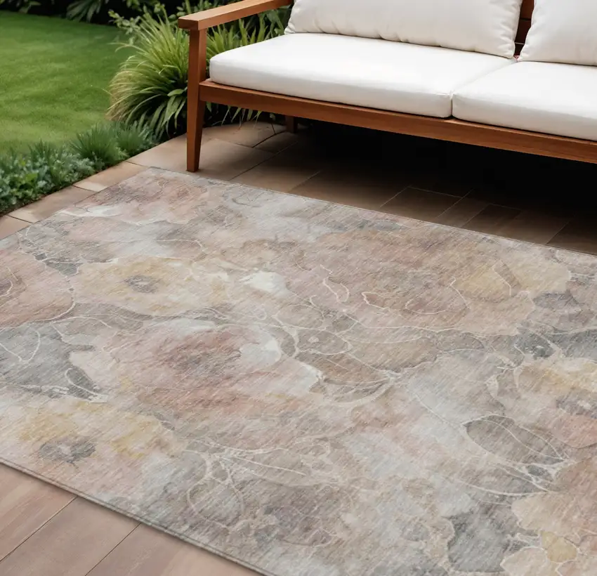 Taupe And Gray Floral Washable Indoor Outdoor Area Rug Photo 2