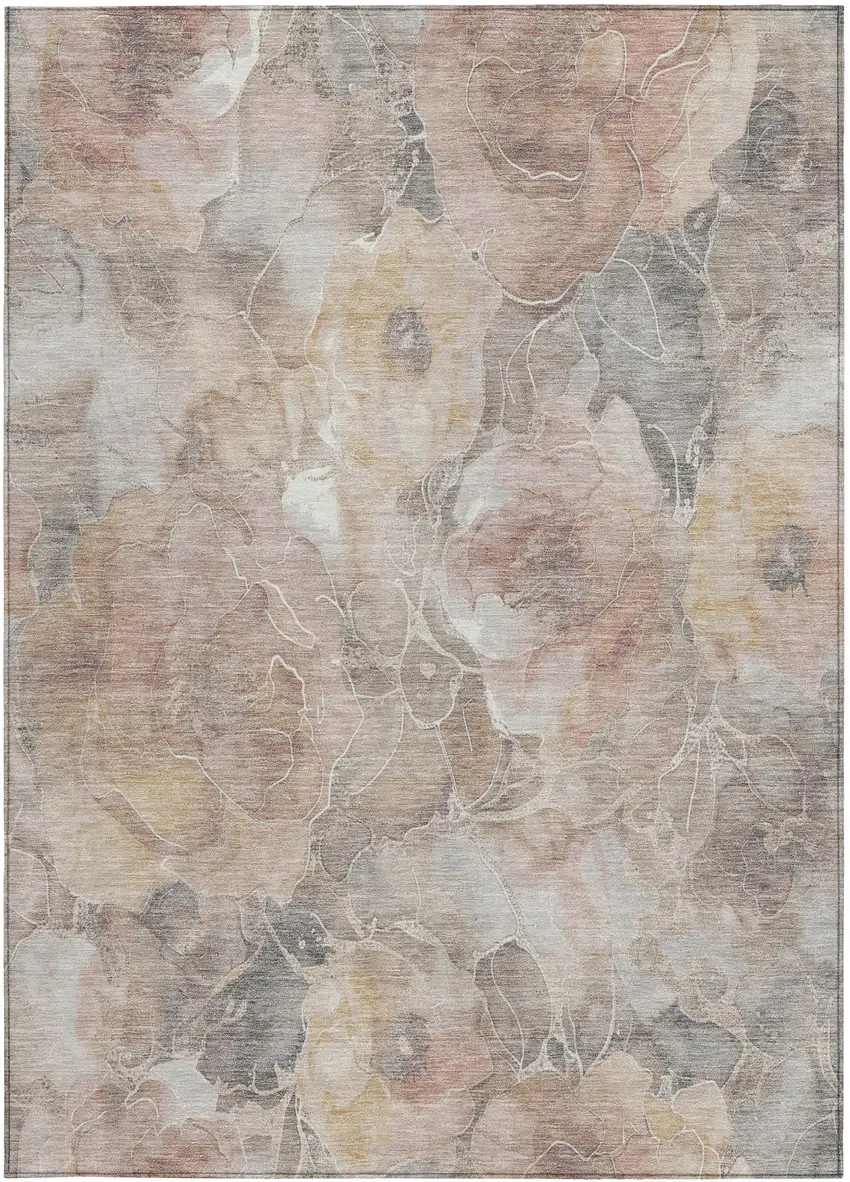 Taupe And Gray Floral Washable Indoor Outdoor Area Rug Photo 1