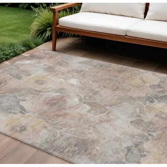 Taupe And Gray Floral Washable Indoor Outdoor Area Rug Photo 2