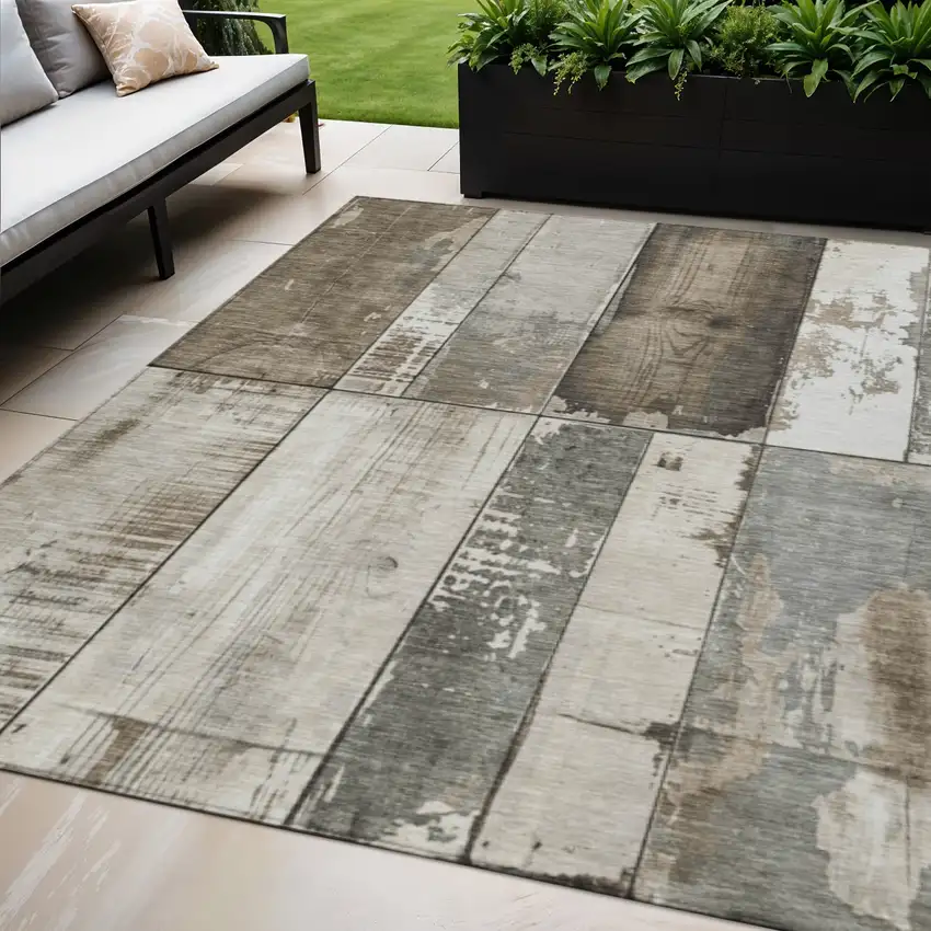 Taupe And Gray Geometric Washable Indoor Outdoor Area Rug Photo 2