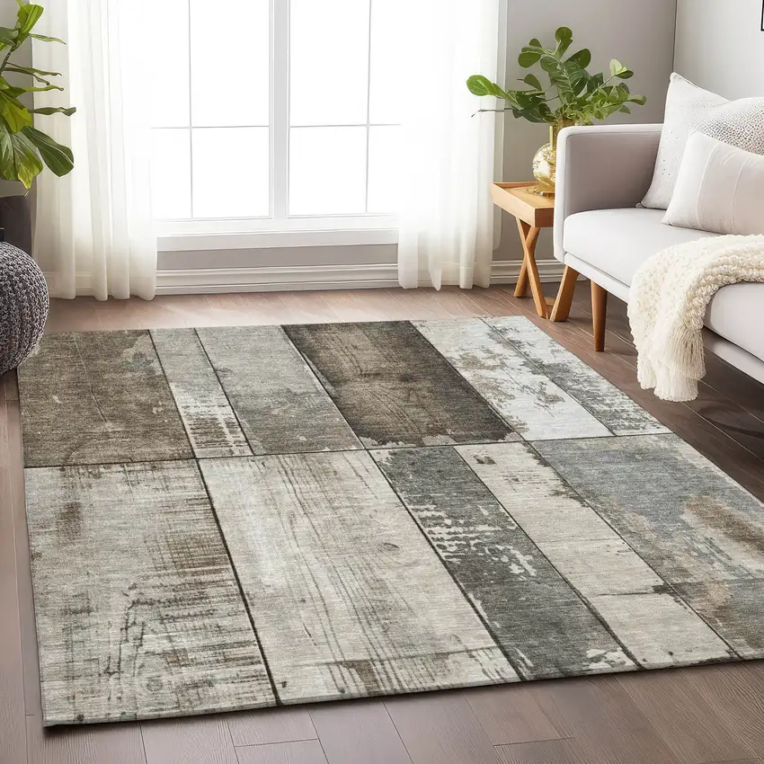 Taupe And Gray Geometric Washable Indoor Outdoor Area Rug Photo 6