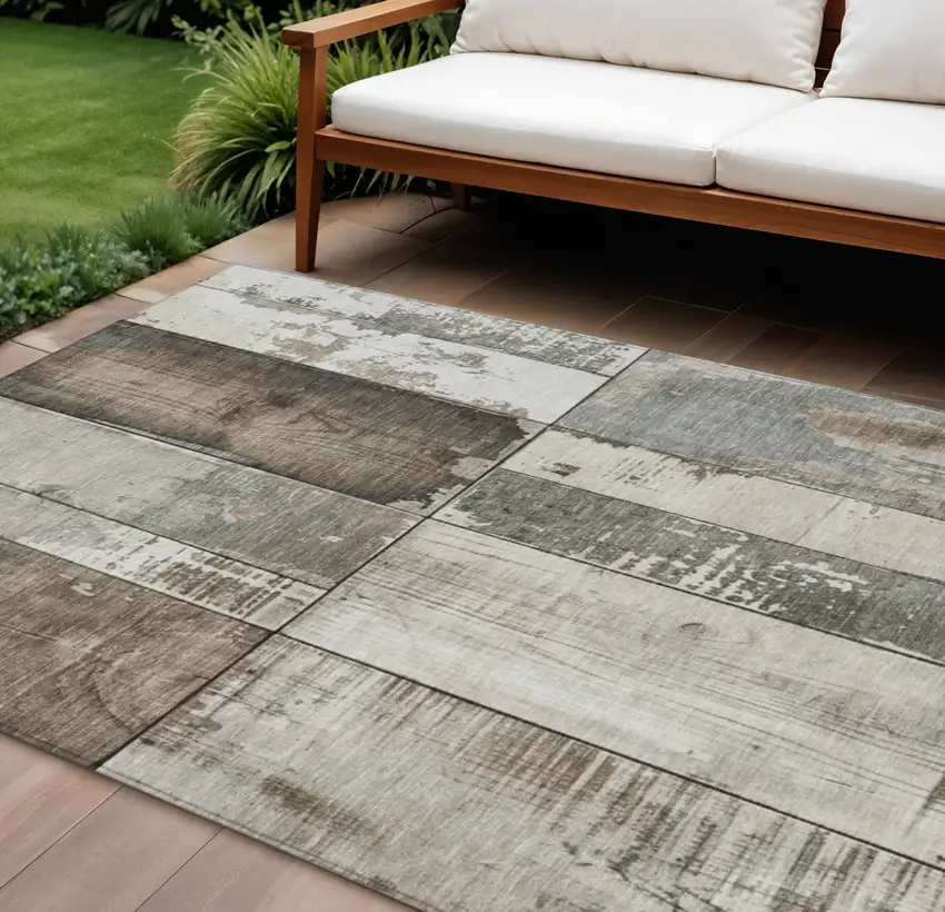 Taupe And Gray Geometric Washable Indoor Outdoor Area Rug Photo 2