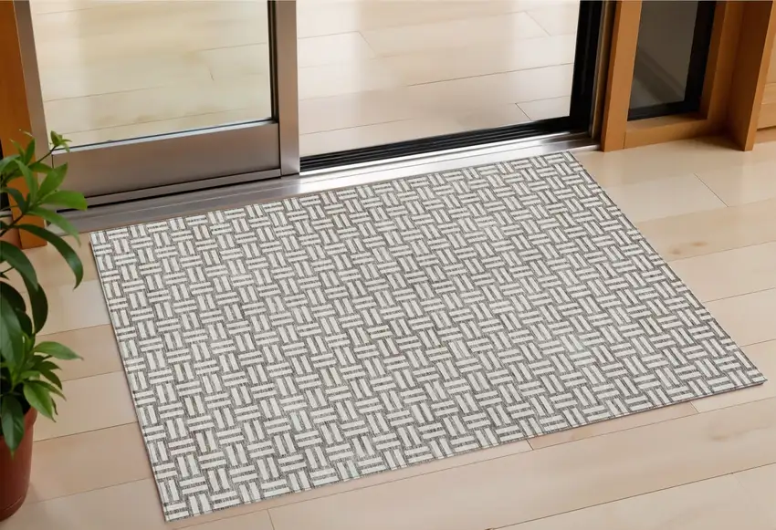 Taupe And Gray Geometric Washable Indoor Outdoor Area Rug Photo 1