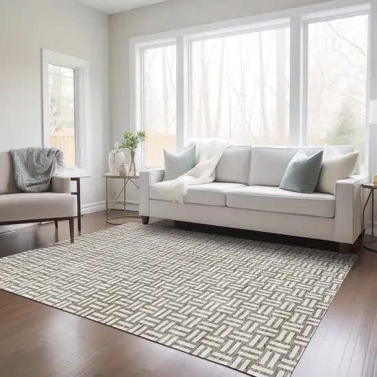 Taupe And Gray Geometric Washable Indoor Outdoor Area Rug Photo 9
