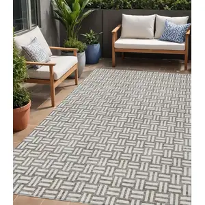 Photo of Taupe And Gray Geometric Washable Indoor Outdoor Area Rug