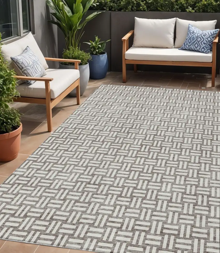 Taupe And Gray Geometric Washable Indoor Outdoor Area Rug Photo 1