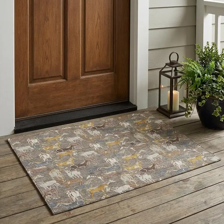 Taupe And Gray Horse Washable Indoor Outdoor Area Rug Photo 1