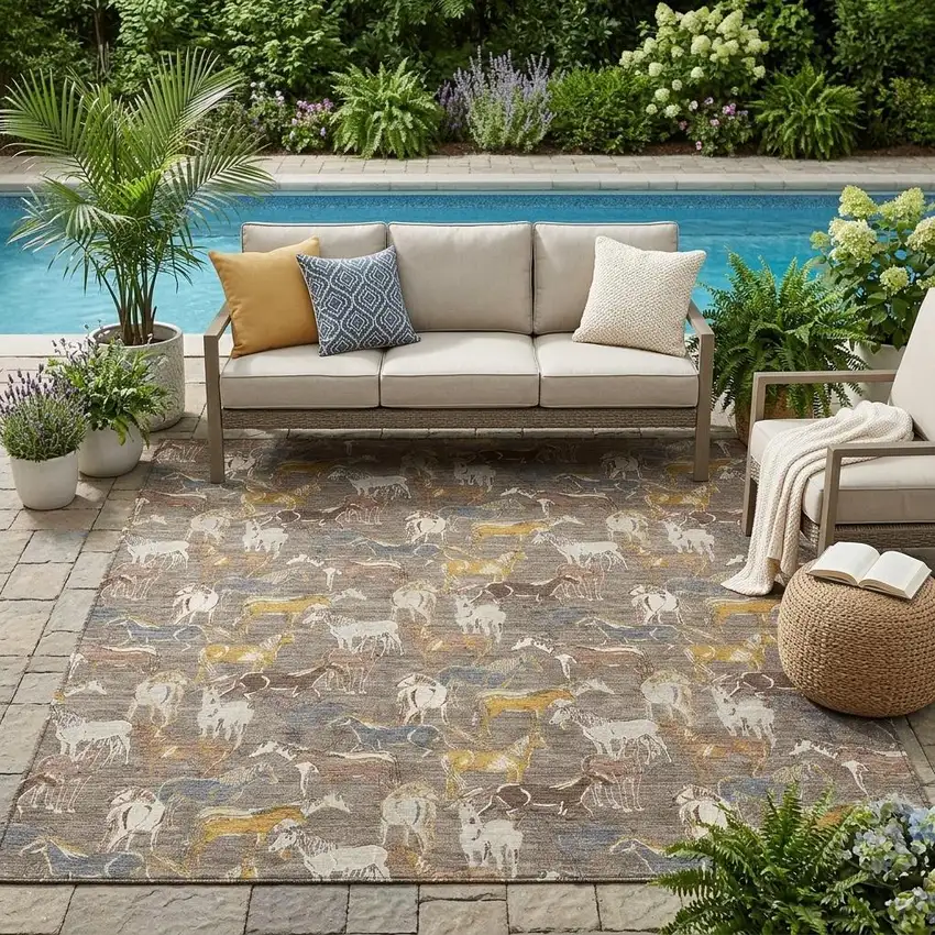 Taupe And Gray Horse Washable Indoor Outdoor Area Rug Photo 1