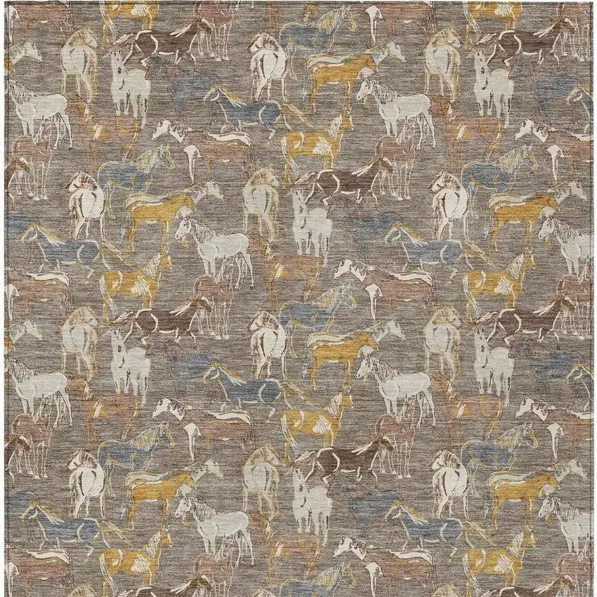 Taupe And Gray Horse Washable Indoor Outdoor Area Rug Photo 4
