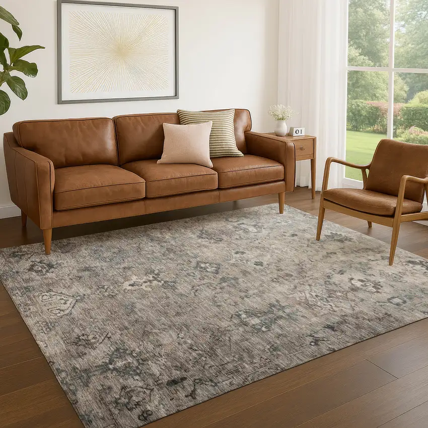 Taupe And Gray Medallion Washable Indoor Outdoor Area Rug Photo 7