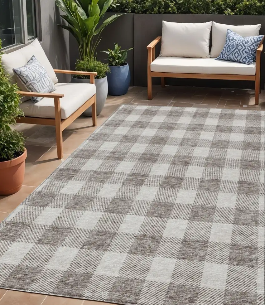 Taupe And Gray Plaid Washable Indoor Outdoor Area Rug Photo 1
