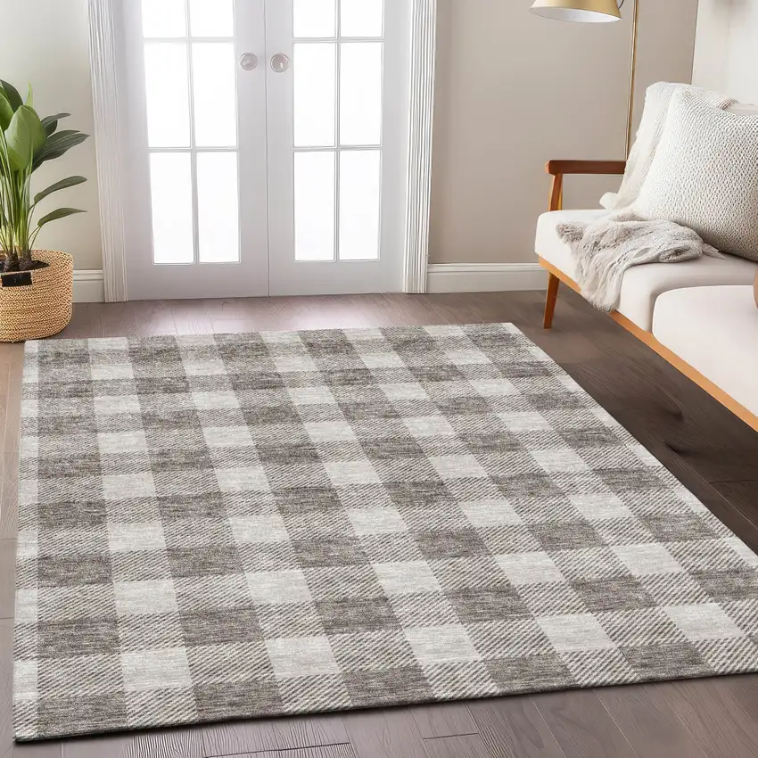 Taupe And Gray Plaid Washable Indoor Outdoor Area Rug Photo 9
