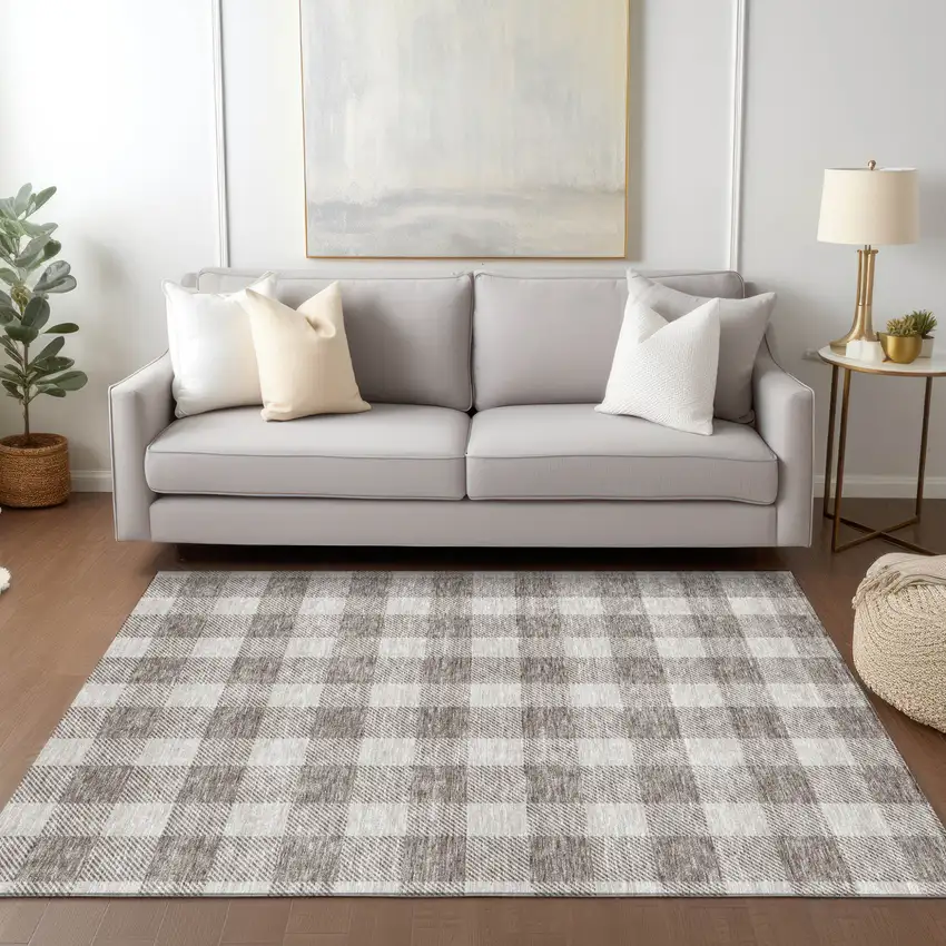 Taupe And Gray Plaid Washable Indoor Outdoor Area Rug Photo 9