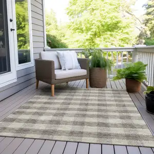 Photo of Taupe And Gray Plaid Washable Indoor Outdoor Area Rug