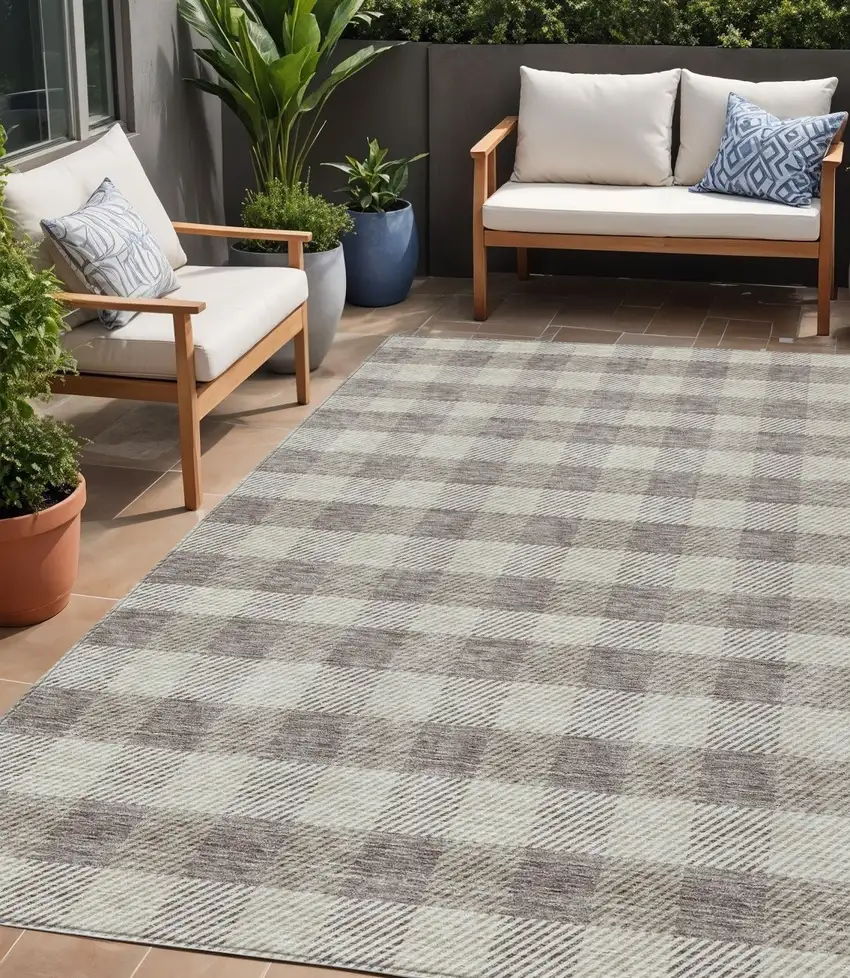 Taupe And Gray Plaid Washable Indoor Outdoor Area Rug Photo 1