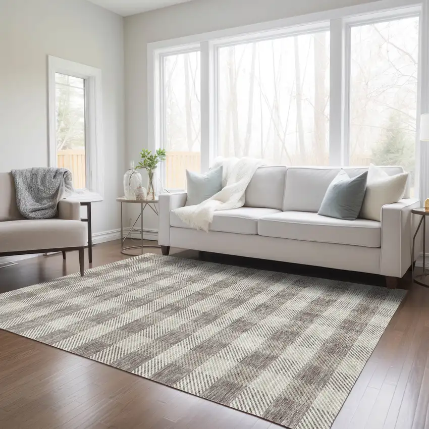 Taupe And Gray Plaid Washable Indoor Outdoor Area Rug Photo 9