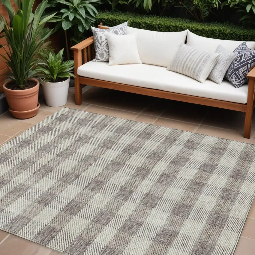 Taupe And Gray Plaid Washable Indoor Outdoor Area Rug Photo 1