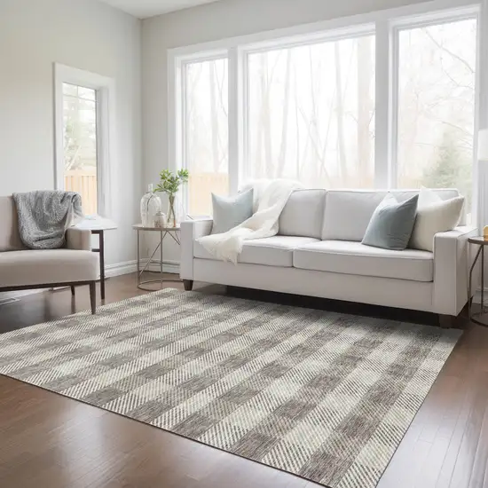 Taupe And Gray Plaid Washable Indoor Outdoor Area Rug Photo 9