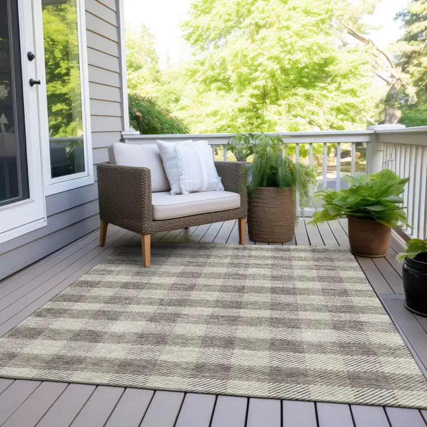 Taupe And Gray Plaid Washable Indoor Outdoor Area Rug Photo 8
