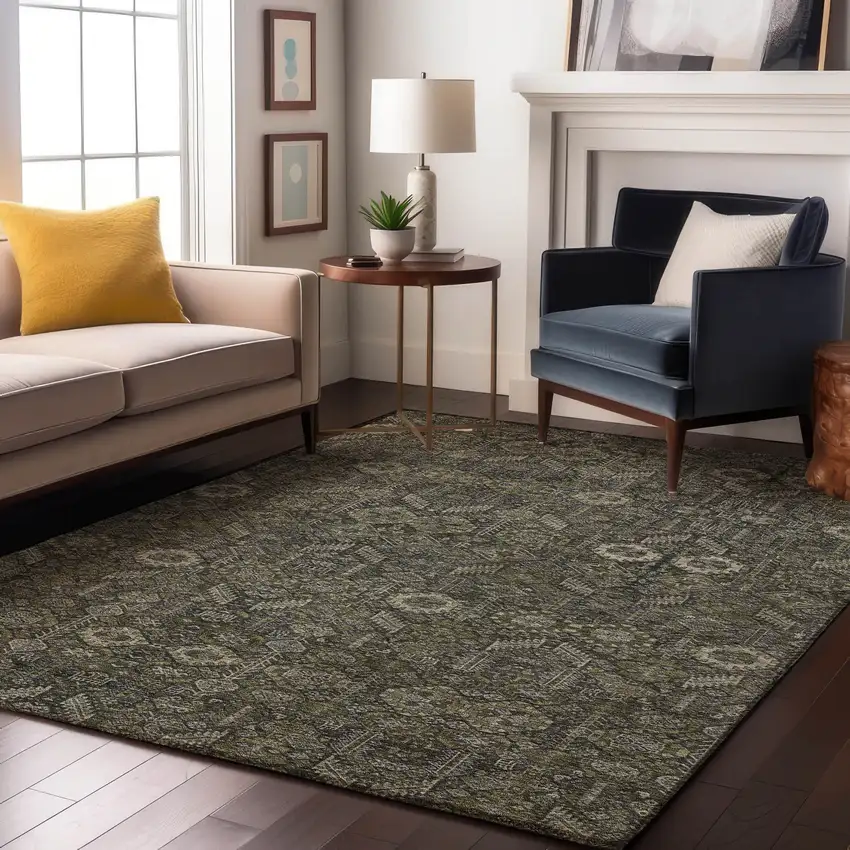 Taupe And Gray Tribal Washable Area Rug With UV Protection Photo 5