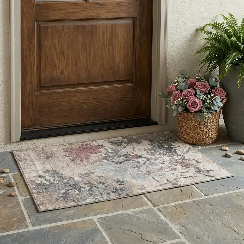 Taupe And Green Abstract Washable Indoor Outdoor Area Rug Photo 1