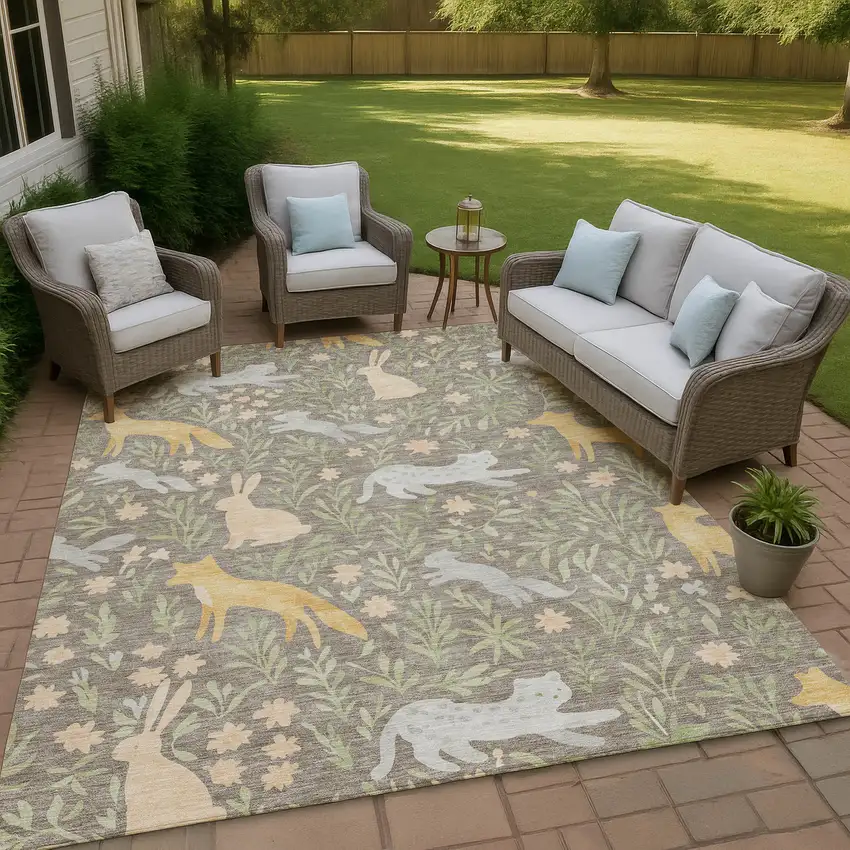 Taupe And Green Botanical Leaves Washable Indoor Outdoor Area Rug Photo 4