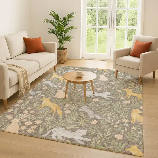 Taupe And Green Botanical Leaves Washable Indoor Outdoor Area Rug Photo 5