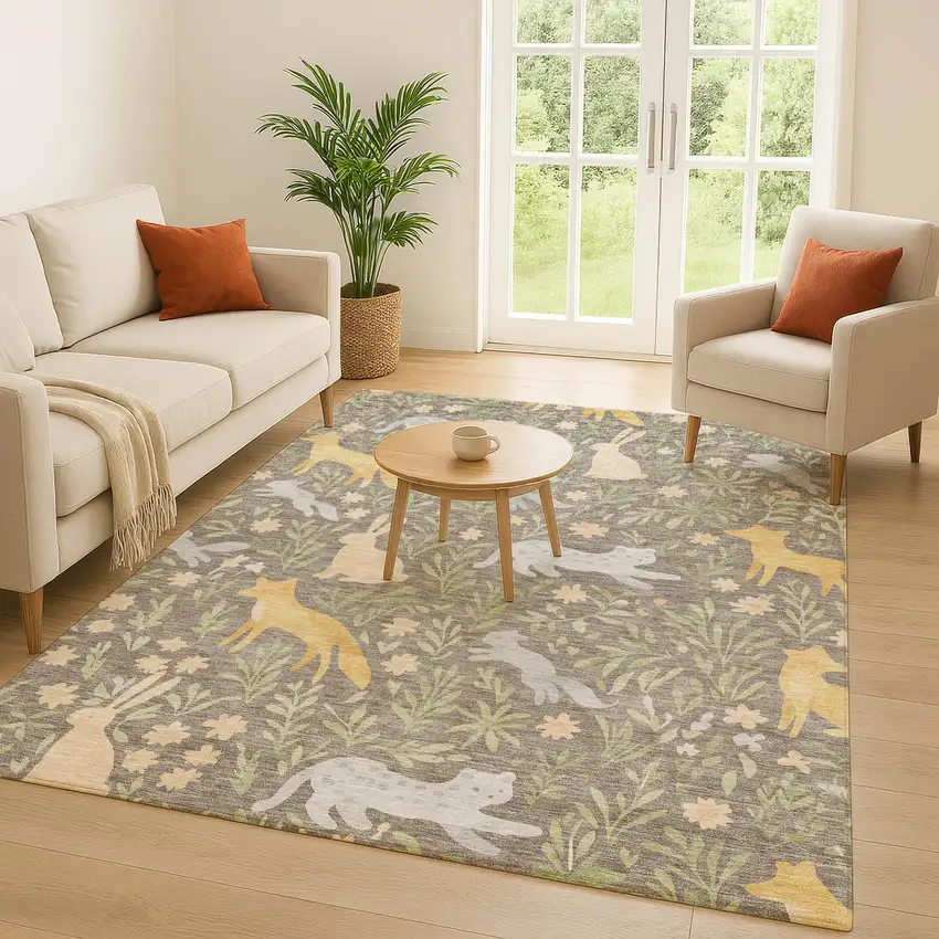 Taupe And Green Botanical Leaves Washable Indoor Outdoor Area Rug Photo 5