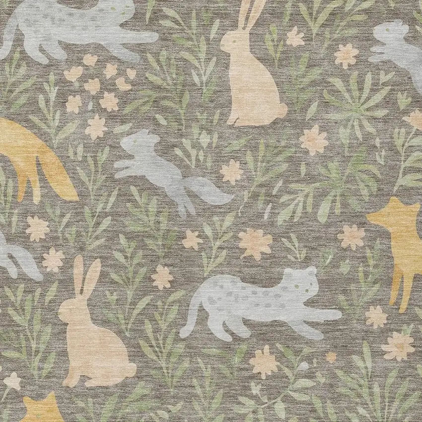 Taupe And Green Botanical Leaves Washable Indoor Outdoor Area Rug Photo 2