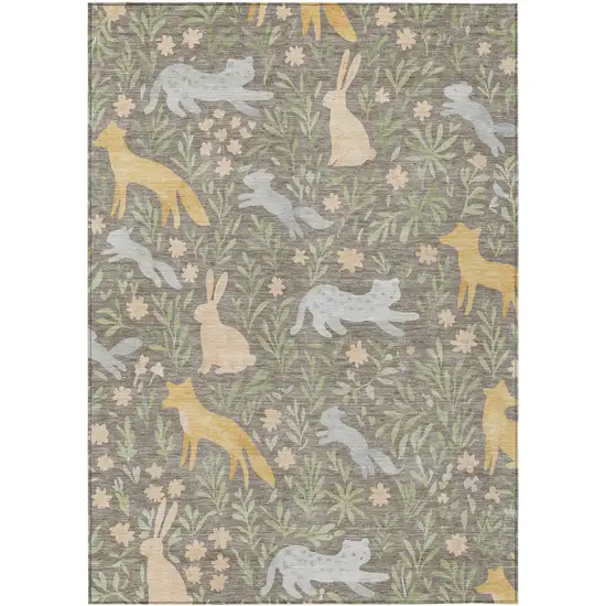 Taupe And Green Botanical Leaves Washable Indoor Outdoor Area Rug Photo 1