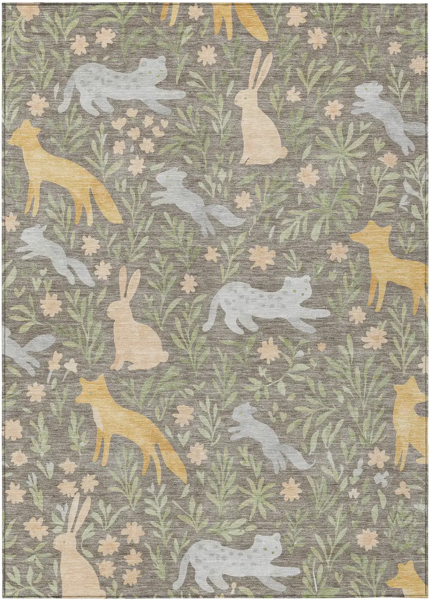 Taupe And Green Botanical Leaves Washable Indoor Outdoor Area Rug Photo 1