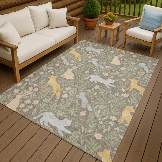 Taupe And Green Botanical Leaves Washable Indoor Outdoor Area Rug Photo 7