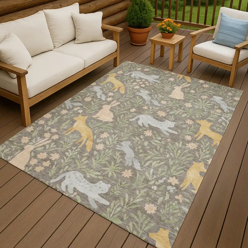 Taupe And Green Botanical Leaves Washable Indoor Outdoor Area Rug Photo 7