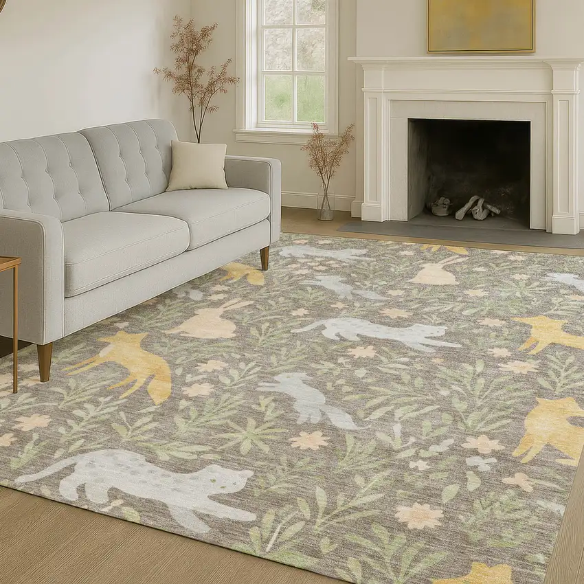 Taupe And Green Botanical Leaves Washable Indoor Outdoor Area Rug Photo 6
